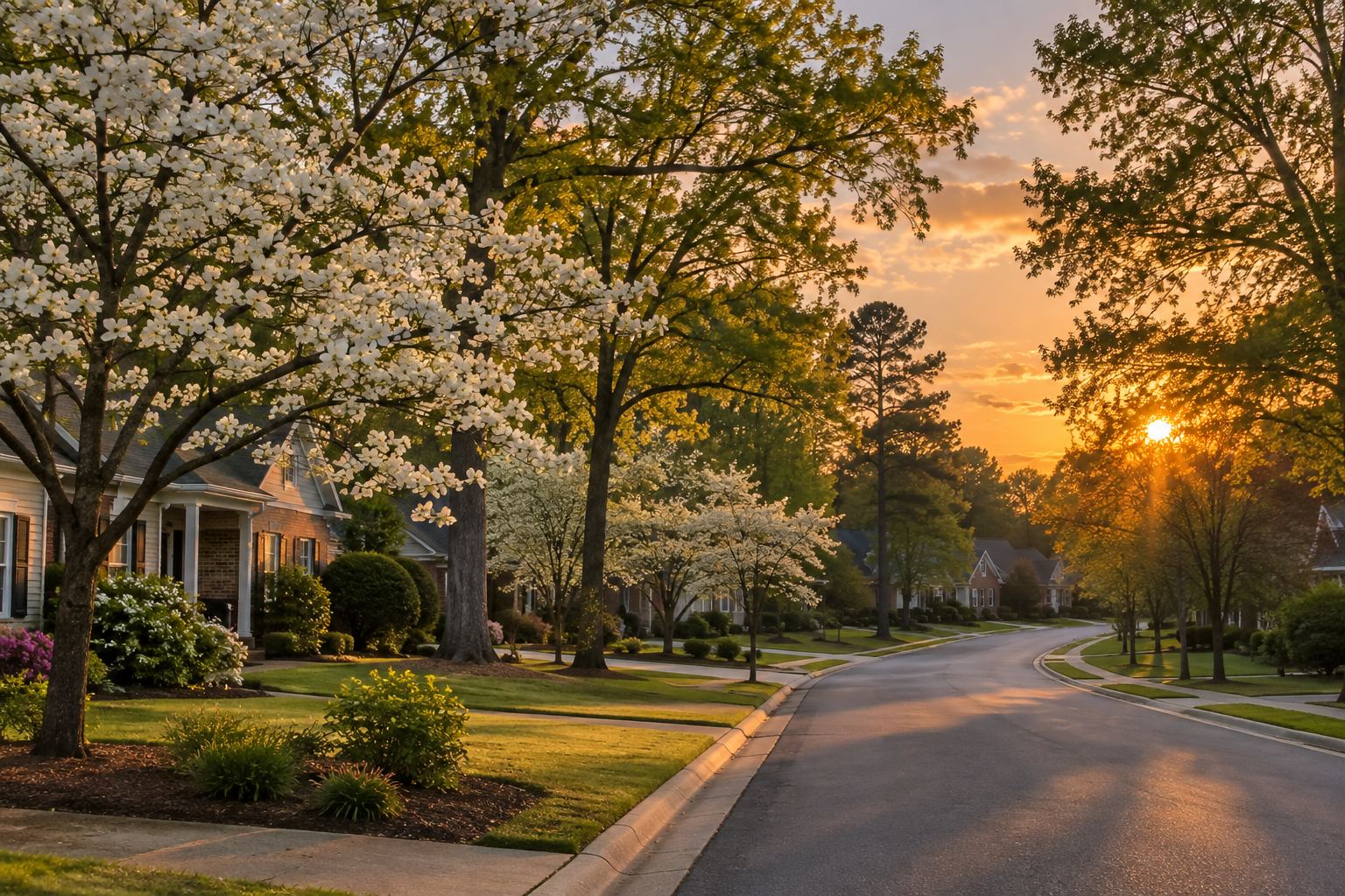 A Greensboro residential street at sunset, illustrative