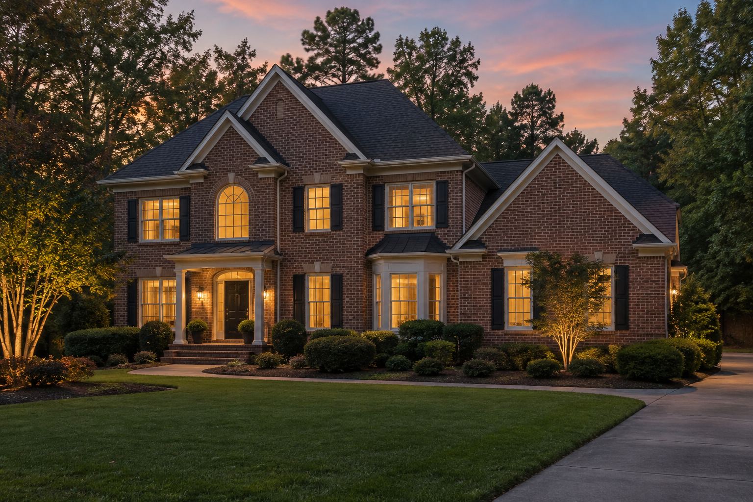 A brick traditional home at dusk, illustrative