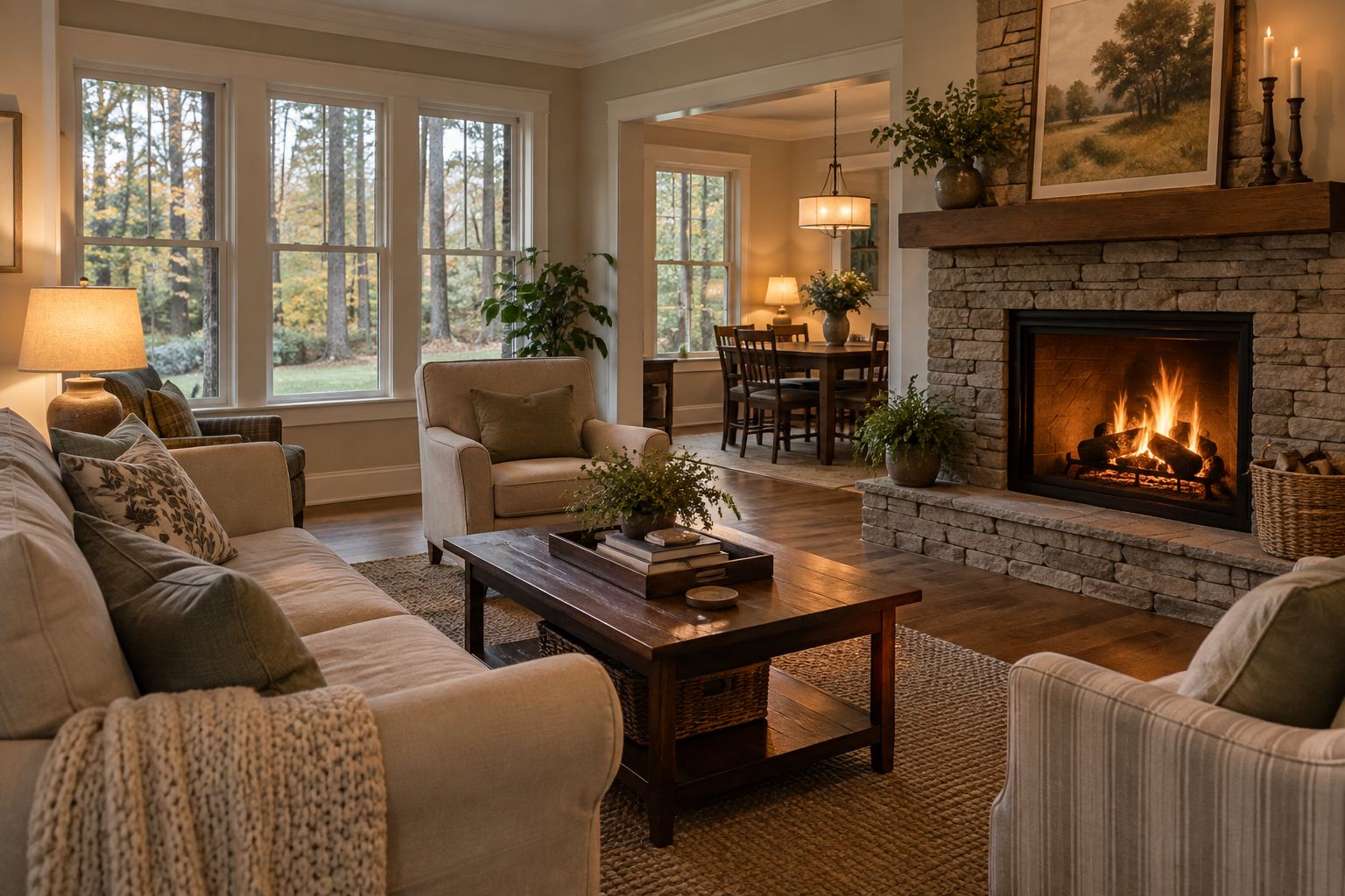 A cozy Carolina living room, illustrative